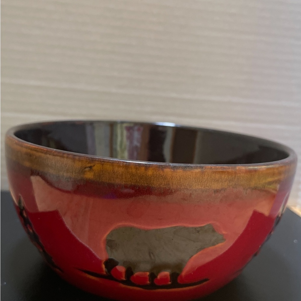 Elegant Red and Brown Dinnerware Bowl with Bear Design
